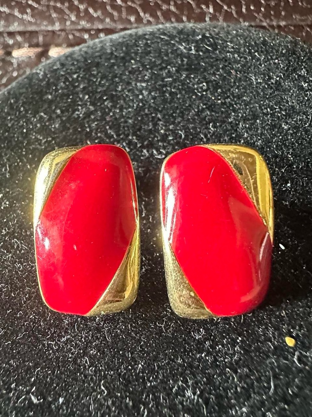 Vintage red and gold rectangle stud earrings.